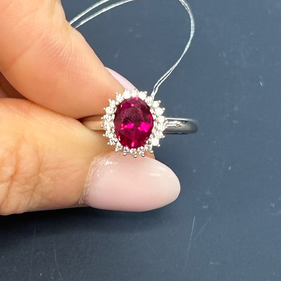 Suzy Levian Sterling Silver Oval Cut Red CZ & White CZ Halo Ring NWT - Picture 2 of 7